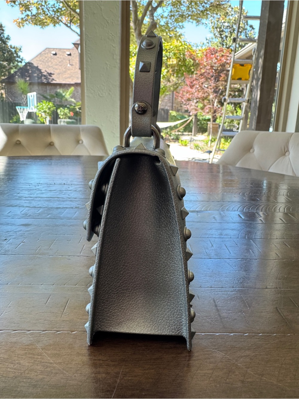 Gray/Silver Studded Handbag and Crossbody Bag with Gunmetal Hardware - Picture 5 of 9